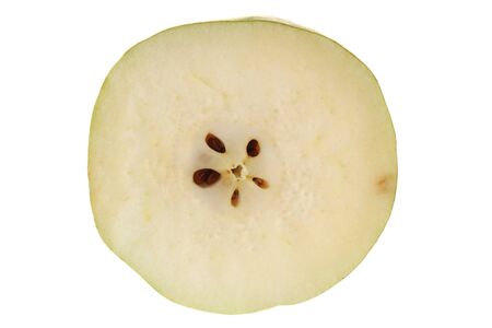 organic green pear in slices on white backgroundの写真素材