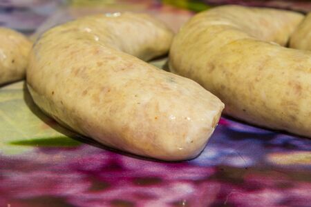 Home-made white sausage out pigs and calf meatの写真素材