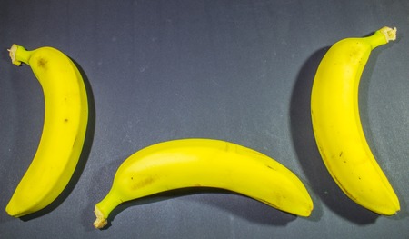three mature bananas on dark gray backgroundの写真素材