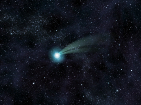 Bright comet with double tail against the starry background