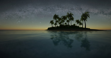 3d illustration of a small tropical island against the starry skyの写真素材