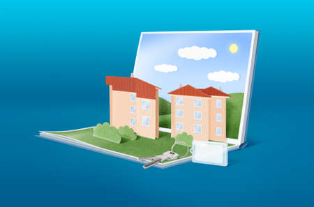 Illustration of pop-up book with cartoon townhouses and keys - conceptual image for real estate, home rental, architecture, construction etc.の写真素材