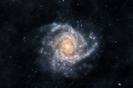 Illustration of a bright spiral galaxy with complex structure