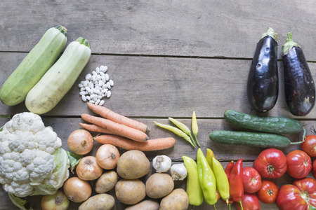 Fresh Farmers Market Vegetables. Healthy Eating. Vegetarian food, Organic Food. Vegetables on table from above. Vegetables on Wooden Background. Vegetables collection, Mixed Vegetables. Healthy Food.の写真素材
