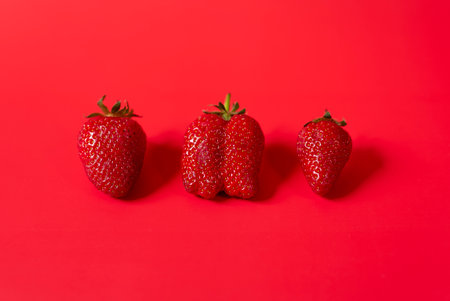 Fresh organic and juicy strawberries on red backgroundの写真素材