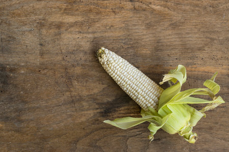 Single fresh and white corn on wooden background. High angle viewの写真素材