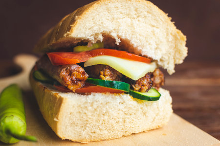 Fresh sandwich made with sausages, vegetables and cheese on wooden tableの写真素材