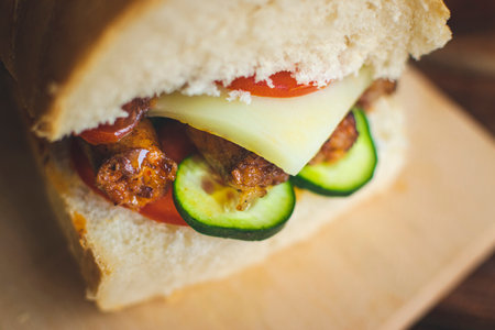 Fresh sandwich made with sausages, vegetables and cheese on wooden tableの写真素材
