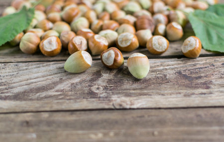 Hazelnuts on wooden table, selective focus.の写真素材