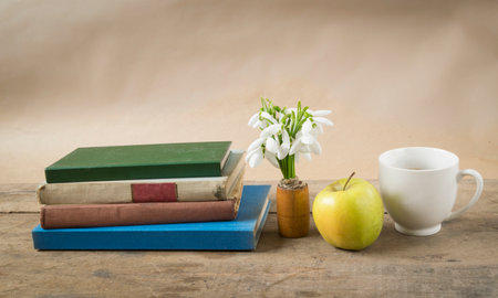 Creative book arrangement with apple and snowdrops on wooden table.の写真素材