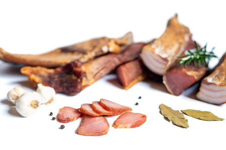 Dried pork meat isolated on white backgroundの写真素材
