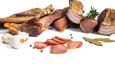Dried pork meat isolated on white backgroundの写真素材