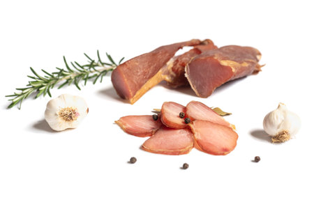 Dried pork meat isolated on white backgroundの写真素材