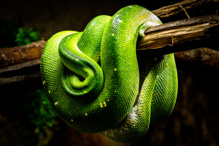 Green tree python on a branch in the forest. Close up.の写真素材