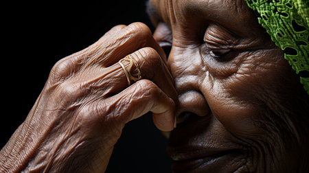Portrait of an elderly African woman wearing a headscarf.の素材
