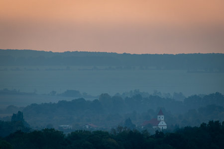 Beautiful sunrise over the village of Jindrichuv Hradec, Czech Republic