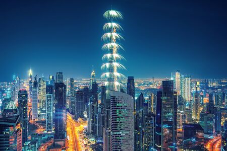 Dubai skyline skyscrapers and New Years Eve firework, United Arab Emirates