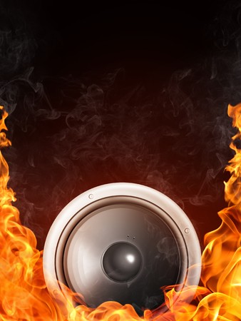 Loudspeaker on Fire and Water Isolated on Black Background. 2D graphics, computer designeの写真素材