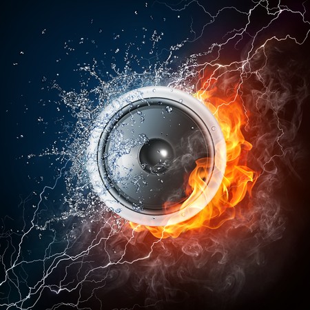 Loudspeaker on Fire and Water Isolated on Black Background. 2D graphics, computer designeの写真素材