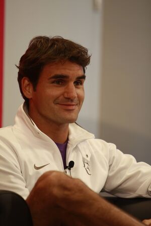 TORONTO: AUGUST 09. Roger Federer in the Rogers Cup 2010 pre-tournament media on August 09, 2010 in Toronto, Canada.のeditorial素材