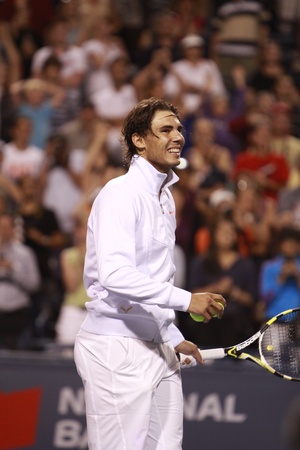 TORONTO: AUGUST 12. Rafael Nadal plays against Kevin Anderson  in the Rogers Cup 2010 on August 12, 2010 in Toronto, Canada.のeditorial素材