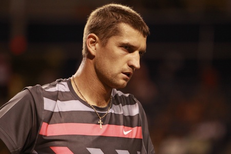 TORONTO: AUGUST 12. Max Mirnyi and Mahesh Bhupathi play against Robert Lindstedt and Horia Tecau in the Rogers Cup 2010 on August 12, 2010 in Toronto, Canada.のeditorial素材