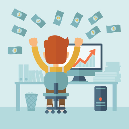 A successful businessman at the office with computer on his table raising his hands. Success concept. Vector flat design Illustration.のイラスト素材