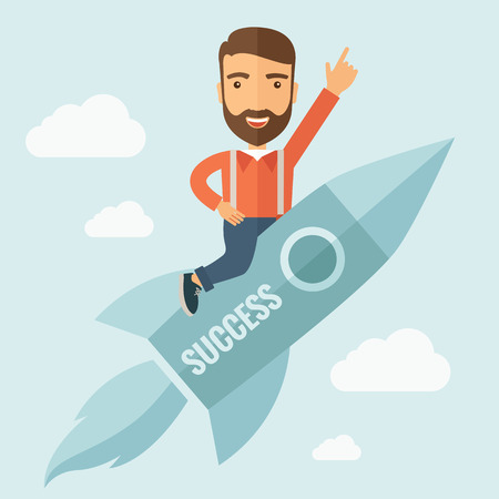 The man with a beard flying on the rocket raising his hand in the air. Success concept. Vector flat design Illustration.のイラスト素材