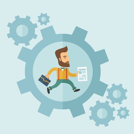 The man with a beard is running inside the gear. Business in action concept. Vector flat design Illustration.のイラスト素材