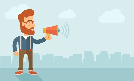 The businessman with a beard shouting in megaphone. Social media marketing concept.  Vector flat design illustration. Horizontal layout with a text space in a right.のイラスト素材