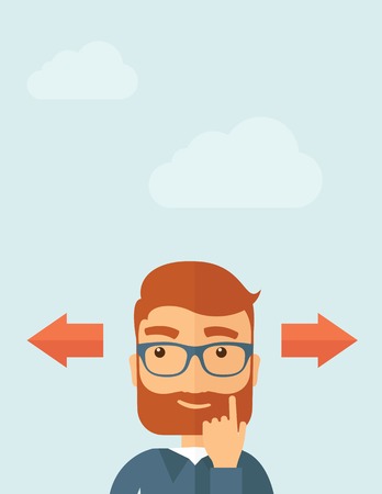 The man with a beard thinking of choice. Decision concept. Vector flat design illustration.  Vertical layout with a text space in a top.のイラスト素材