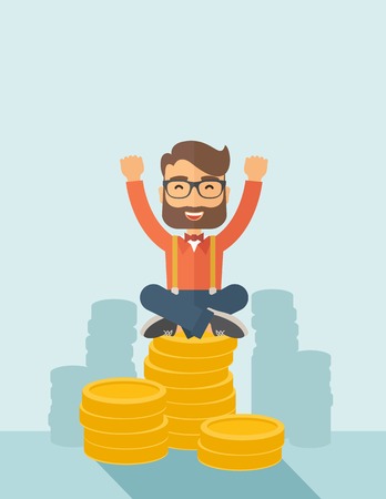 An overjoyed young hipster Caucasian man with beard sitting on the top of  coins. Raising his two hands to show that he is a winner. Happy, winner concept. A contemporary style with pastel palette, soft  blue tinted background. Vector flat design illustraのイラスト素材