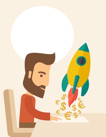 A Caucasian young man with beard sitting with those EURO and DOLLAR sign infront of him, it is a symbol of  starting new project. Launch a new innovation product concept. A contemporary style with pastel palette, beige tinted background. Vector flat desigのイラスト素材