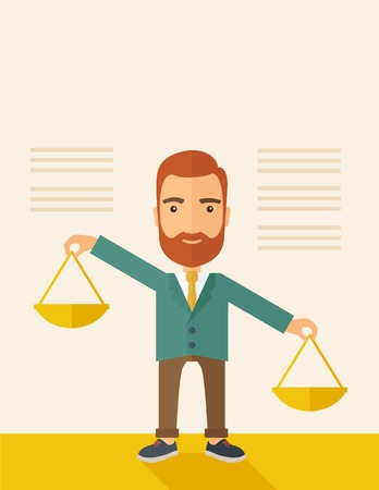 A hipster Caucasian businessman with beard carrying a balance scale with both hands weighing want and need. Balancing and priorization concept.  A contemporary style with pastel palette, beige tinted background. Vector flat design illustration. Vertical lのイラスト素材