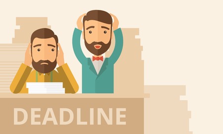 Two sad face hipster Caucasian gentlemen with beard has a big problem because they failed to submit their project  on the deadline with their  two hands raising up. Disappointed, miserable concept. A contemporary style with pastel palette, beige tinted baのイラスト素材