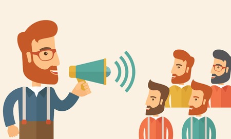 Three hipster Caucasian businesspeople with beard at office smiling together happy listening to their speaker holding a megaphone discussing a business proposal. Business meeting concept. A contemporary style with pastel palette, beige tinted background. のイラスト素材