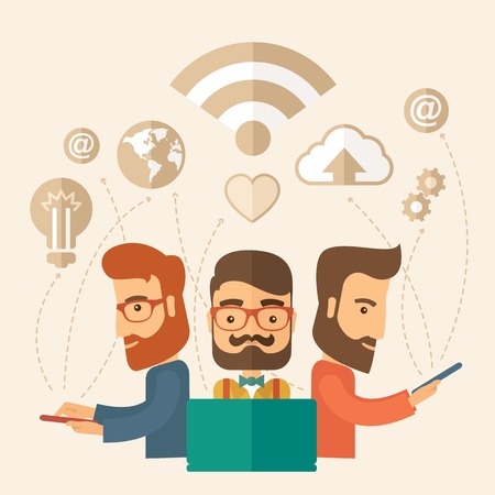 Three outstanding hipster Caucasian employees with beard discussing and sharing brilliant ideas, gathering an information, preparing for their marketing plan presentation using their tablets and laptop with wifi connection. Brainstorming, teamwork conceptのイラスト素材