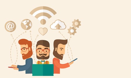 Three outstanding hipster Caucasian employees with beard discussing and sharing brilliant ideas, gathering an information, preparing for their marketing plan presentation using their tablets and laptop with wifi connection. Brainstorming, teamwork conceptのイラスト素材