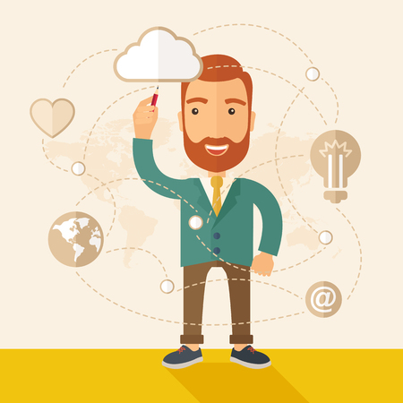 A happy, hipster Caucasian businessman with beard standing wearing jacket, raising his right hand holding a pen illustrating, interpreting his marketing plan inside the conference room. Business plan concept. A contemporary style with pastel palette, beigのイラスト素材
