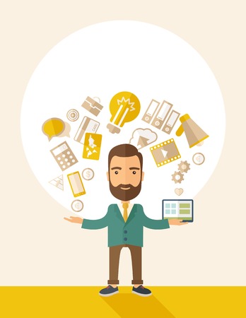 A happy hipster Caucasian  a  self employed with beard standing enjoying doing a multitasking, working on different projects from his home office only by himself. Self reliance concept. A contemporary style with pastel palette, beige tinted background. Veのイラスト素材