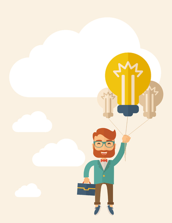 A caucasian hipster with beard carrying a briefcase with bulb as balloon to take him fly high. Happy and success concept. A contemporary style with pastel palette, beige tinted background with desaturated cloud.  Vector flat design illustration. Square laのイラスト素材