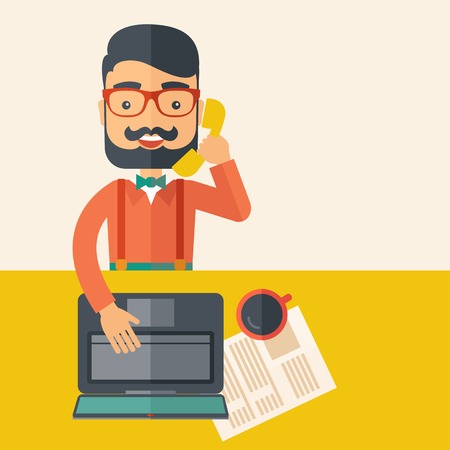 Hipster Caucasian online customer service operator with beard smiling while talking to his customer inside his office. Business communication concept. A contemporary style with pastel palette, beige tinted background. Vector flat design illustration. Squaのイラスト素材