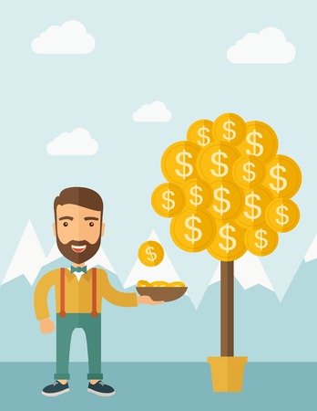 A Caucasian with beard man standing while catching a dollar coin from money tree. Dollar signs growing on branches and falling from tree. A contemporary style with pastel palette soft blue tinted background with desaturated clouds. Vector flat design illuのイラスト素材