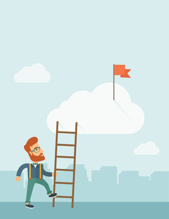 A hipster Caucasian man with beard standing while holding the career ladder to get the flag in the clouds. Career, success concept. A contemporary style with pastel palette soft blue tinted background with desaturated clouds. Vector flat design illustratiのイラスト素材