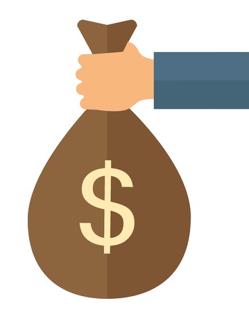 A hand holding a money bag with dollar sign. Vector flat design illustration isolated on white background. Vertical layout.のイラスト素材
