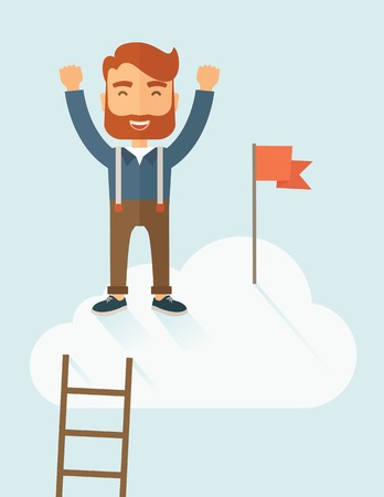 A hipster businessman climbed using the ladder and standing on the top of the cloud holding the red flag. Leadership concept. A contemporary style with pastel palette soft blue tinted background with desaturated clouds. Vector flat design illustration. Veのイラスト素材