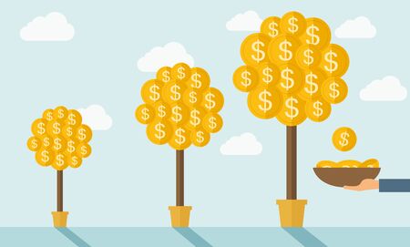 Three steps in growing a money dollar plant from small to bigger plant in a pot. Financial growth concept.  A contemporary style with pastel palette soft blue tinted background with desaturated clouds. Vector flat design illustration. Horizontal layout.のイラスト素材