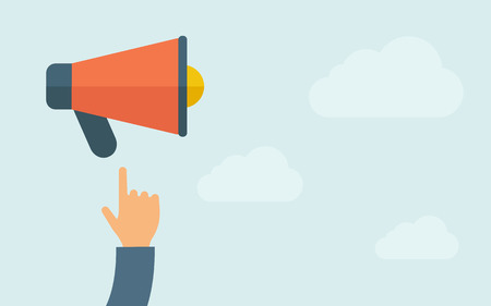 A hand pointing to megaphone. A contemporary style with pastel palette, light blue cloudy sky background. Vector flat design illustration. Horizontal layout with text space on right part.のイラスト素材
