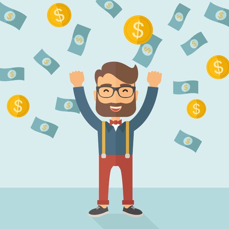 A young hipster Caucasian businessman happy under falling raining money shower a coin and bill dollar money. Winner, happy concept. A contemporary style with pastel palette soft blue tinted background. Vector flat design illustration. Square layout.のイラスト素材