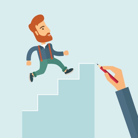 A hand with red pen drawn a hipster Caucasian business man climbing stairs, a concept of success and career. A contemporary style with pastel palette soft blue tinted background. Vector flat design illustration. Square layout with text space on right top のイラスト素材